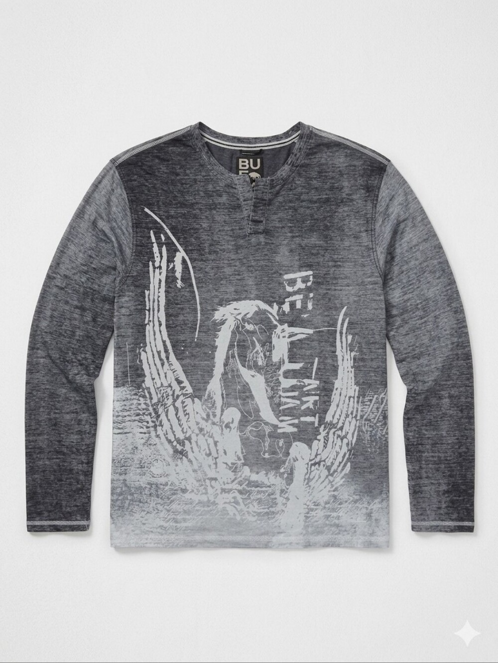 Buffalo David Bitton Grunge Wing Graphic Henley Long Sleeve Shirt Y2K Gray XXL